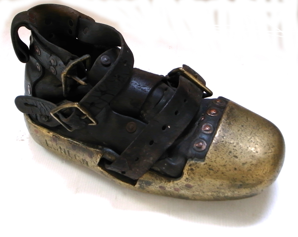 SIEBE GORMAN & CO; a leather and brass divers counter weight boot, stamped, length approx. 33cm, and