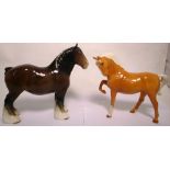 A Beswick shire horse brown mare height 22cm and a Palomino height 19cm (af) (2). CONDITION REPORT