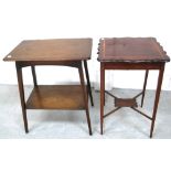 An Edwardian inlaid mahogany side table with tapering legs and lower shelf and an Arts and Crafts