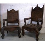 A pair of 19th century Burmese carved hardwood chairs decorated with gods, goddesses,