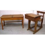 A vintage double school desk and a vintage school desk with associated chair,