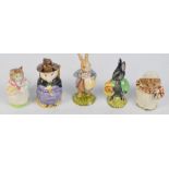 Five Royal Albert Beatrix Potter figures; "Mrs Tiggywinkle", "Peter With Post Bag", "Mrs Ribby", "