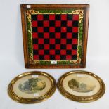 A Scottish painted glass chess board with floral decorated border and wooden frame, 44 x 44cm,