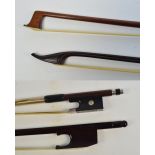 A modern Baroque style snakewood viol bow by Roger Doe, also a violin bow (2).