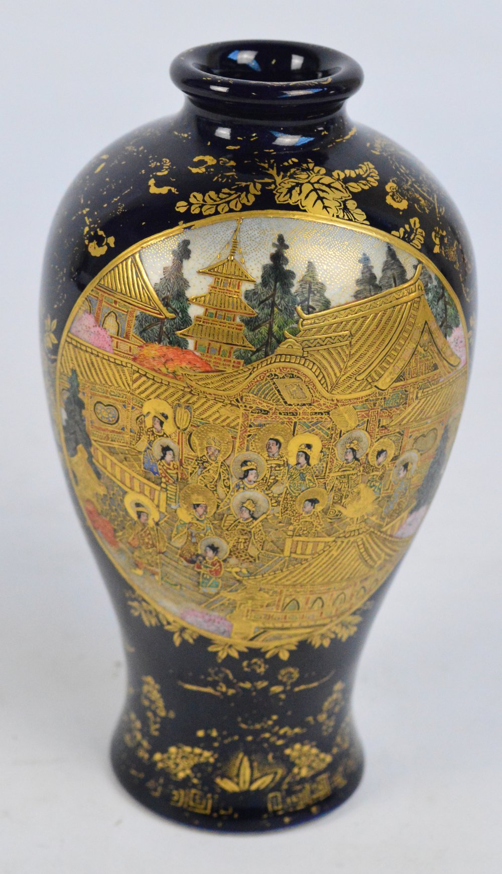 A Japanese Meiji period Satsuma vase of baluster form painted in enamels with two opposing panels