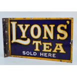 A vintage enamelled iron double sided sign, "Lyons' Tea Sold Here", with flange, 39 x 23cm.