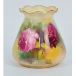 A Royal Worcester rose decorated tapering vase with crimped neck, green printed marks to base, no.