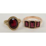 A 9ct rose gold three stone garnet ring, size R and a 9ct yellow gold ring, size M, combined