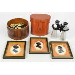 A leather collar box containing a set of dominoes, a pair of 10x40 Simor binoculars,