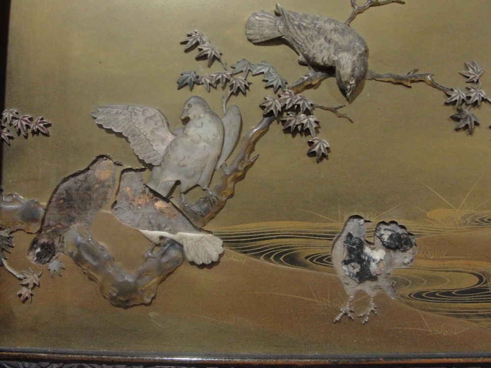 A Japanese Meiji period étagère with an arrangement of Shibayama style inlaid lacquered panels, in a - Image 3 of 5