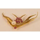 An unusual 18ct textured yellow gold ruby and pearl brooch,