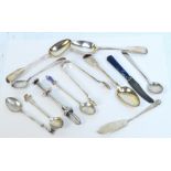 A group of various hallmarked silver spoons, including three fiddle pattern teaspoons, London 1848,