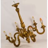 A large 20th century wooden gilt six branch electrolier with tapering stem to bud shaped base and