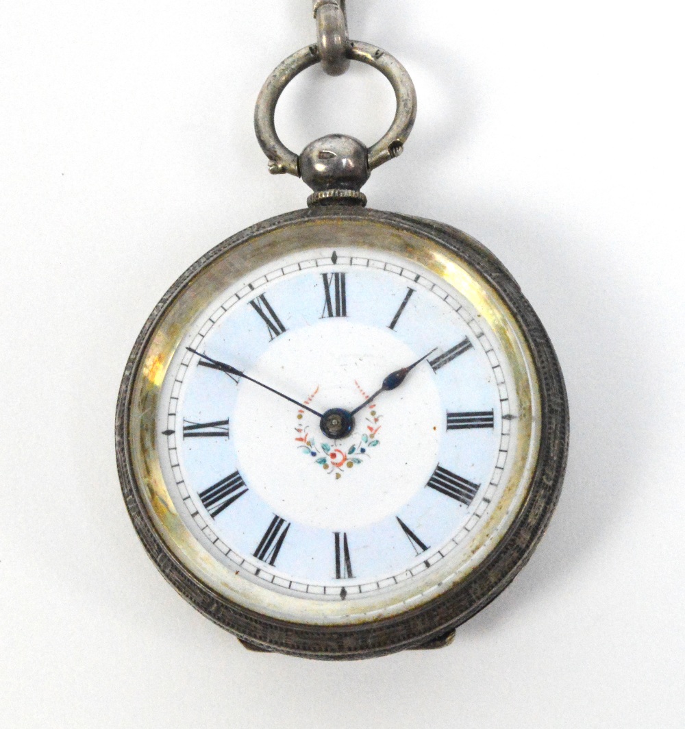 A Continental silver key wind fob watch with enamel dial set with Roman numerals,