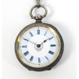 A Continental silver key wind fob watch with enamel dial set with Roman numerals,