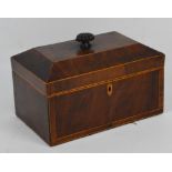 An early Victorian mahogany boxwood strung tea caddy with three internal lidded compartments,