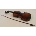 A full size German violin, for restoration, with one-piece back, length 36cm, unlabelled,