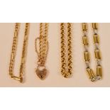 A 9ct two tone gold flat link necklace, two further 9ct gold chains and a 9ct gold bracelet,