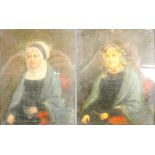 19TH CENTURY; a pair of oil paintings of elderly ladies in the same pose, holding spectacles,