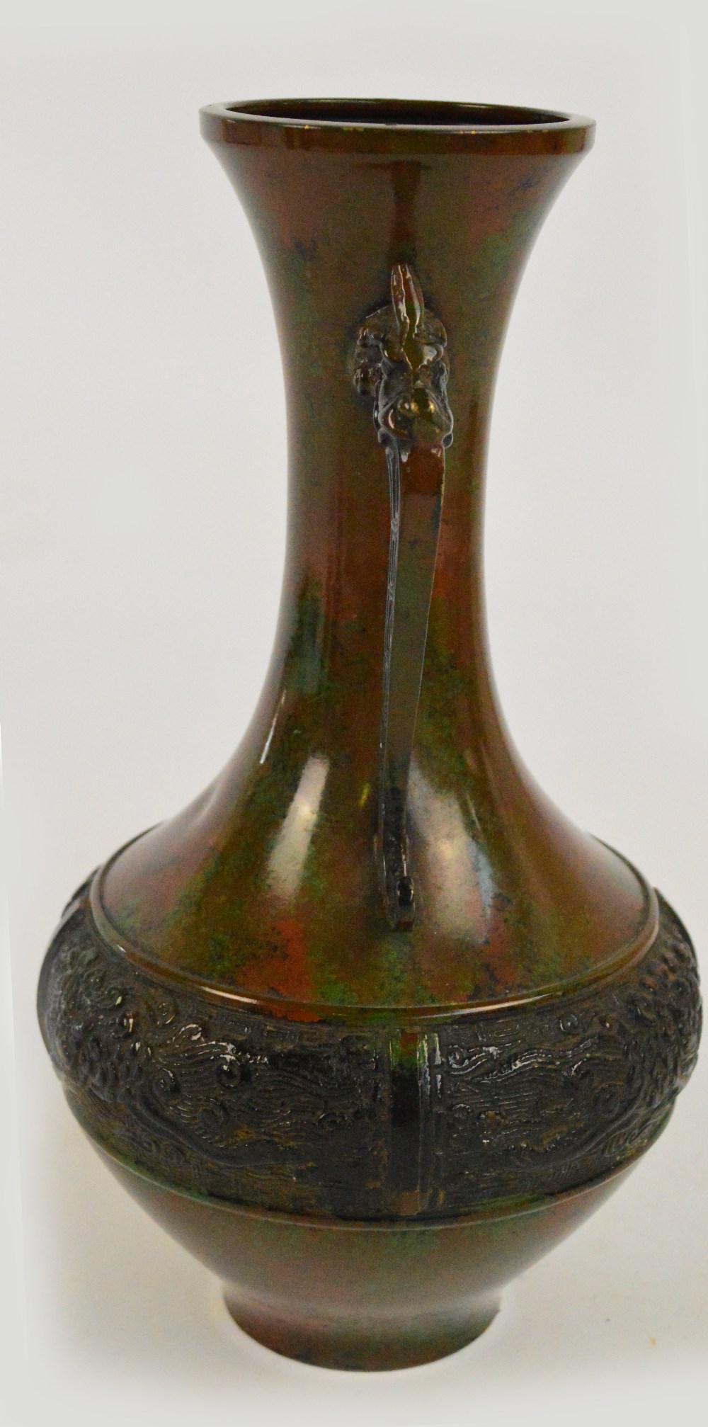 An early 20th century Japanese green and brown painted bronze bottle vase, - Image 2 of 3