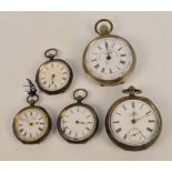 Four hallmarked silver cased open face pocket watches, various sizes, and an chronograph.
