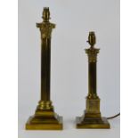 Two brass Corinthian column table lamps, both on stepped square section bases, height 55cm and 45cm.