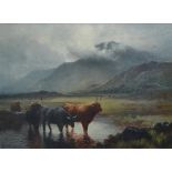 HENRY R. HALL (1859-1927); oil on canvas, mountainous loch landscape with Highland cattle in