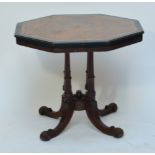 A late Victorian Aesthetic Movement birdseye maple burr walnut and ebonised octagonal occasional