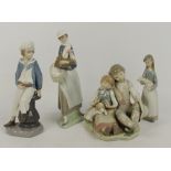 Four Lladro figures; young boy with sailing boat, a girl holding a hen,