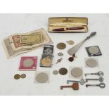 A quantity of collectables including a cased Sheaffer pen, commemorative crown,