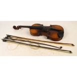 A full size German violin with two-piece back, length 36cm, cased with three bows. CONDITION REPORT: