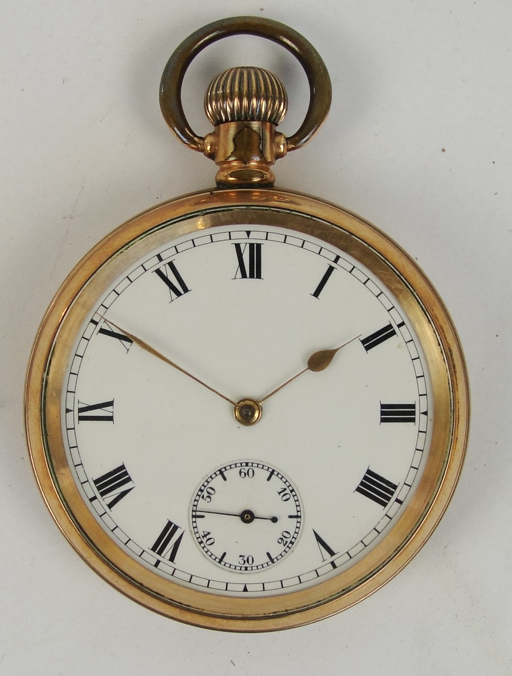 A gold plated open face crown wind pocket watch, the circular dial set with Roman numerals and