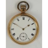 A gold plated open face crown wind pocket watch, the circular dial set with Roman numerals and