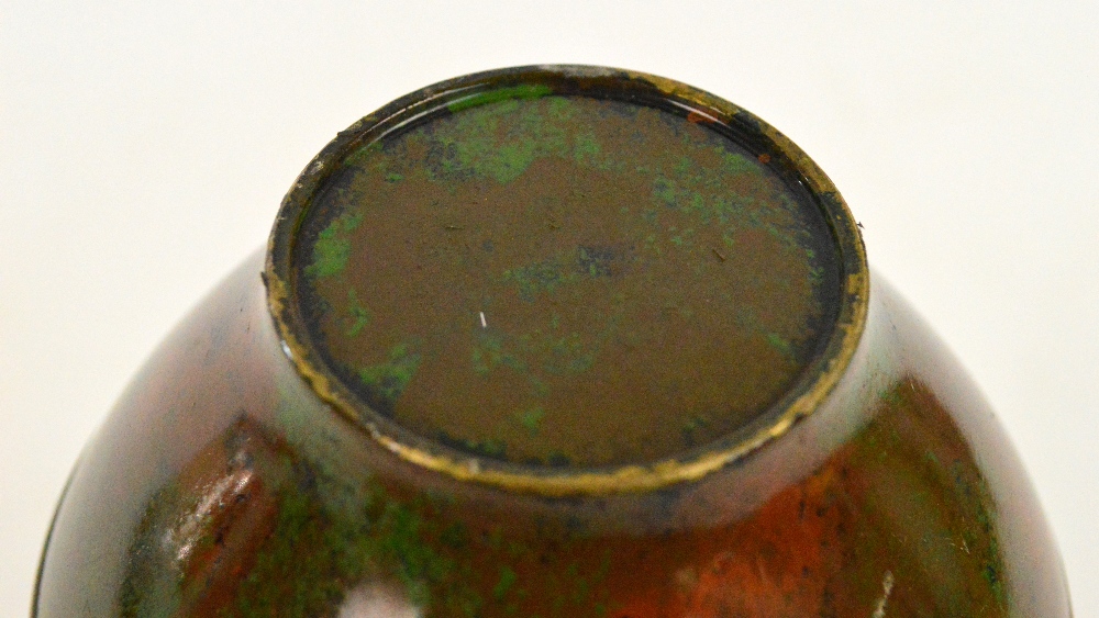An early 20th century Japanese green and brown painted bronze bottle vase, - Image 3 of 3
