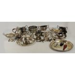 A quantity of silver plate including three piece tea set, salvers, Guernsey style jug,