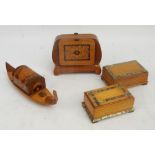 Two Paua inlaid trinket boxes, a cigarette box in the form of a gondola and a further cigarette box.