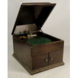 An HMV oak cased table top gramophone, width 38cm.
