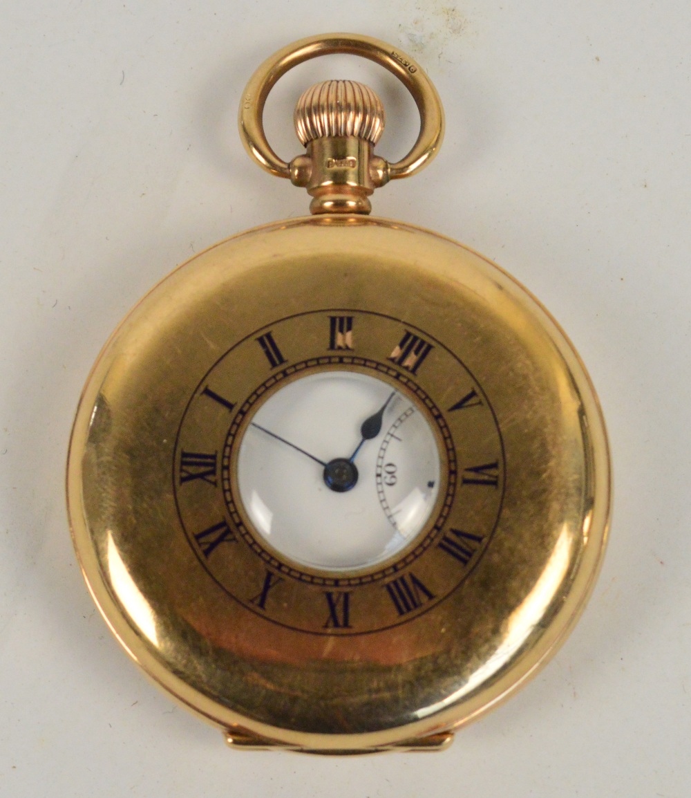 A 9ct yellow gold half hunter crown wind pocket watch,