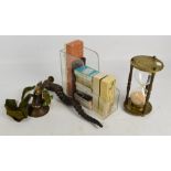 A small quantity of collectors' items including playing cards, dominoes, a large hour glass,