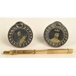 A 9ct yellow gold engine turned propelling pencil by Sampson Mordan & Co and a pair of miniature
