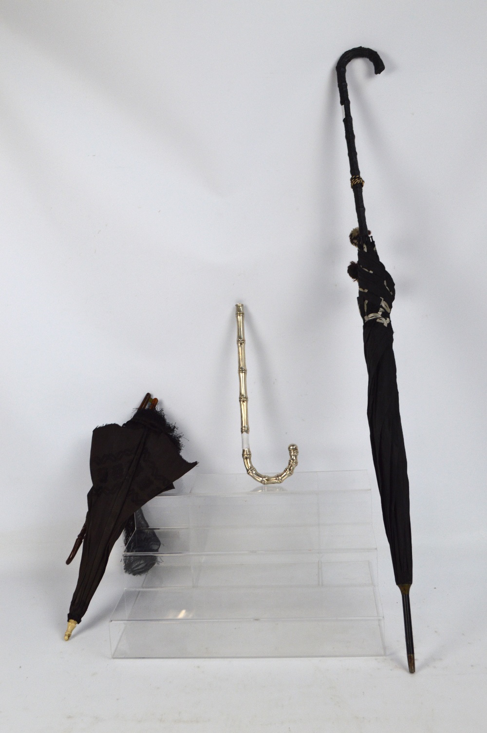 A late 19th century silk parasol with tassel decoration and wooden handle, with a bone finial (af), - Image 2 of 2