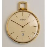 BERNEX; a 9ct gold cased slim design crown wind quartz open face fob watch,