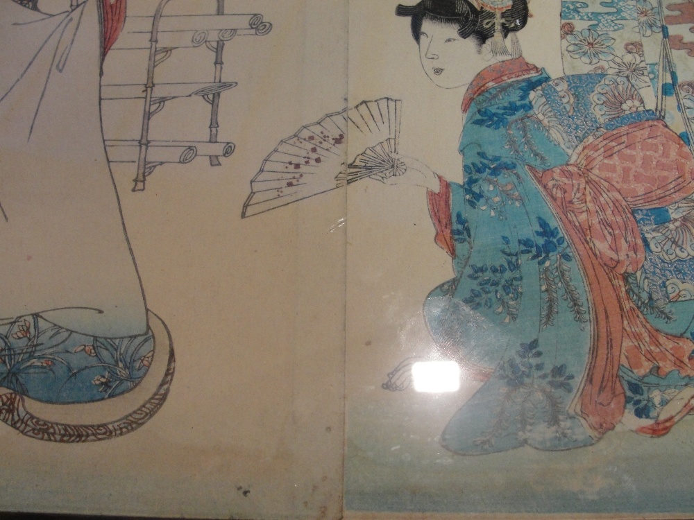 A pair of early 20th century Japanese prints, each constructed from three individual sheets, glazed, - Image 3 of 3