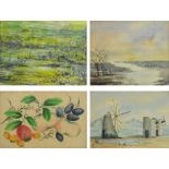 Two decorative watercolours, a rice paper painting (af) and a further decorative picture,