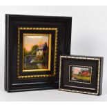 Two Limoges rectangular enamel plaques, both inscribed and depicting cottages beside a river,