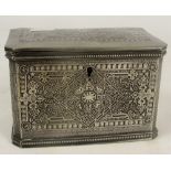 An early 20th century plated two division tea caddy with hinged lids and all over scrolling