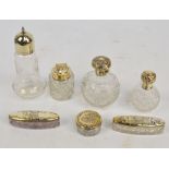 A collection of hallmarked silver mounted glass dressing table items including a large hobnail cut