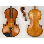 A full size violin, probably German, with two-piece back, unlabelled, cased with a bow.