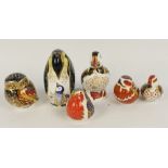 Six Royal Crown Derby paperweights; penguin, puffin, robin, owl, Bakewell duckling and another,