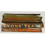 Thirteen unusual vintage tin advertising signs including Lyons' Tea, Players Countrylife Cigarettes,